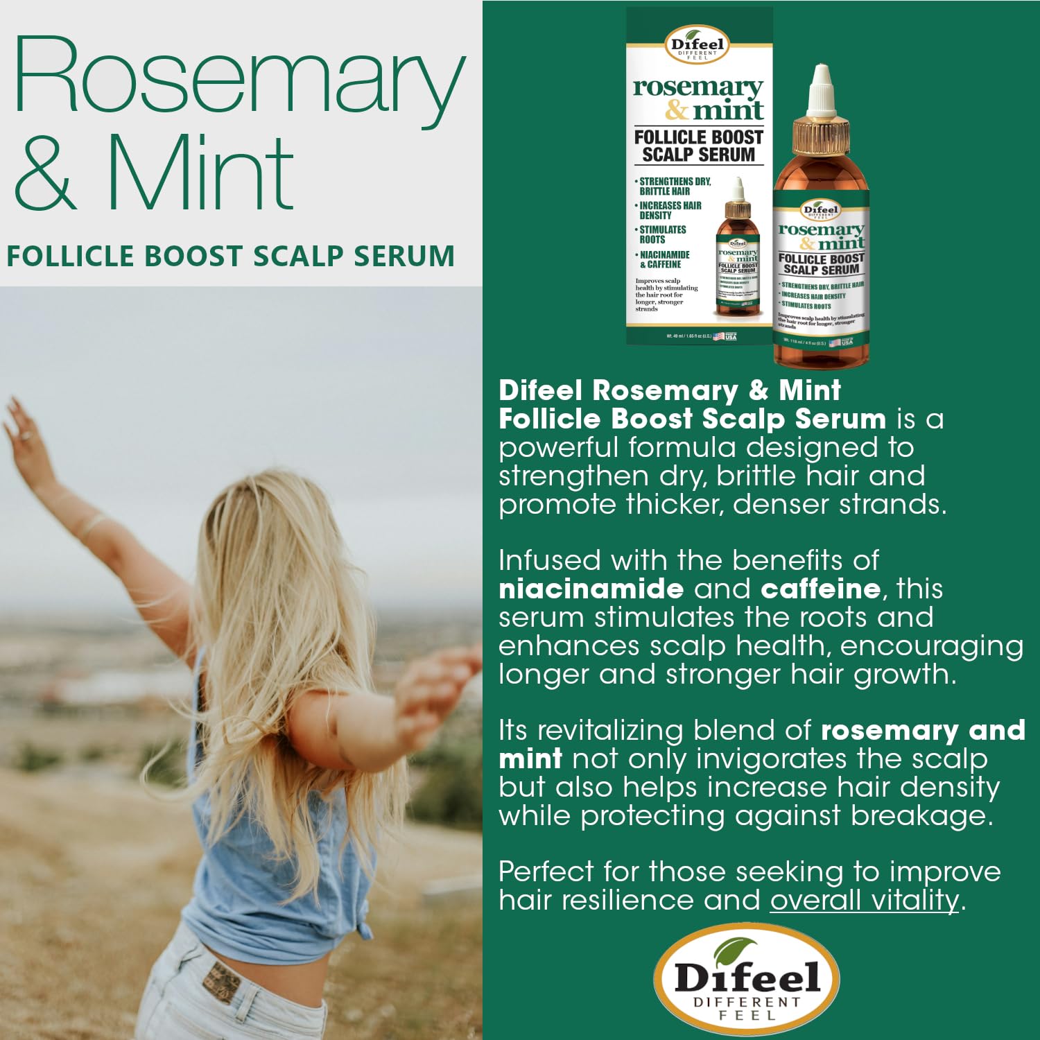 Difeel Rosemary & Mint Follicle Boost Scalp Serum 4 oz – Strengthen & Invigorate Hair