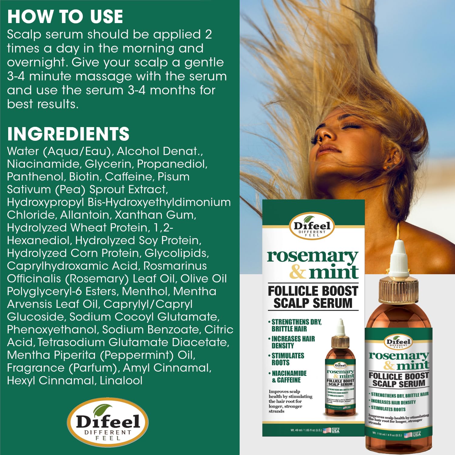 Difeel Rosemary & Mint Follicle Boost Scalp Serum 4 oz – Strengthen & Invigorate Hair