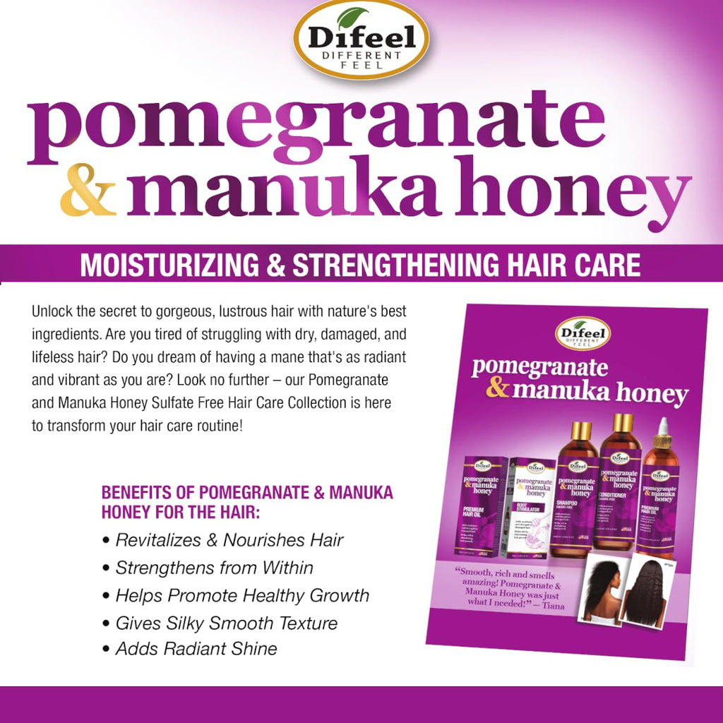 Difeel Pomegranate & Manuka Honey Shampoo 33.8 oz – Sulfate-Free, Strengthens & Moisturizes Damaged Hair