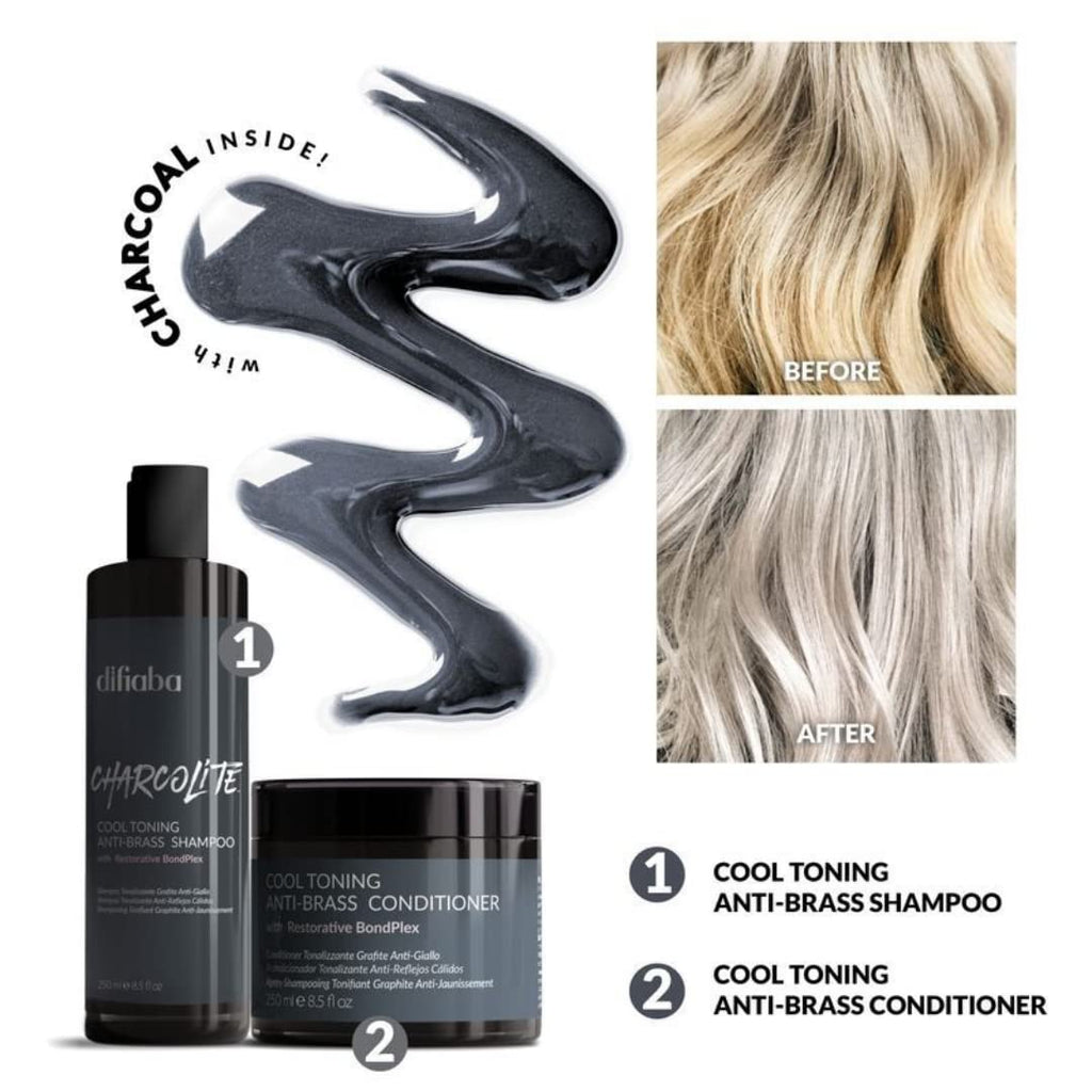 Difiaba Charcolite Cool Toning Duo — Activated Charcoal & BondPlex | Neutralizes Brass, Strengthens Hair (2 x 8.5 oz)