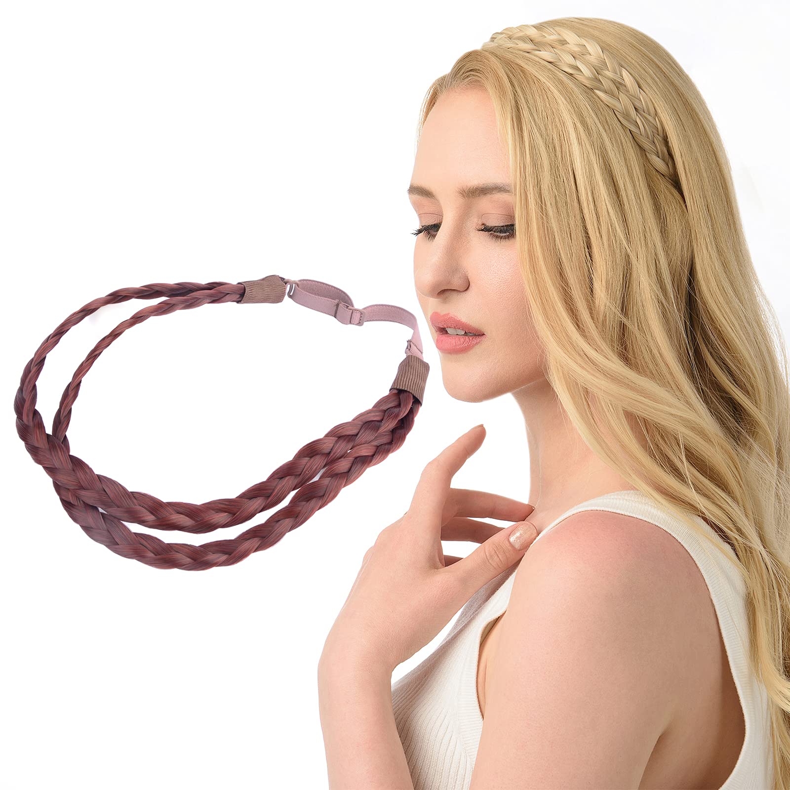 DIGUAN Double Three Strand Synthetic Hair Braided Headband Extension – Burgundy