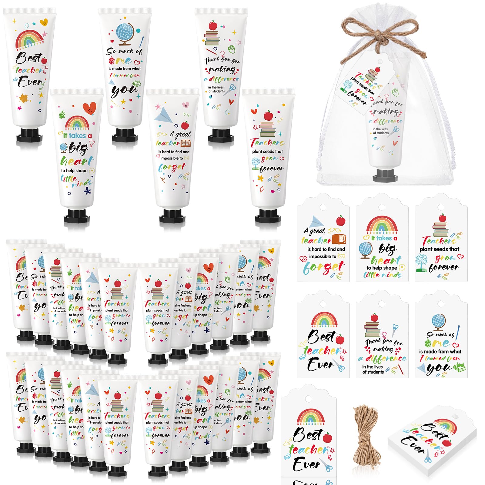 Dimsile 24-Set Teacher Appreciation Hand Cream Gifts – Cards & Organza Bags, Travel-Size Moisturizing Lotion