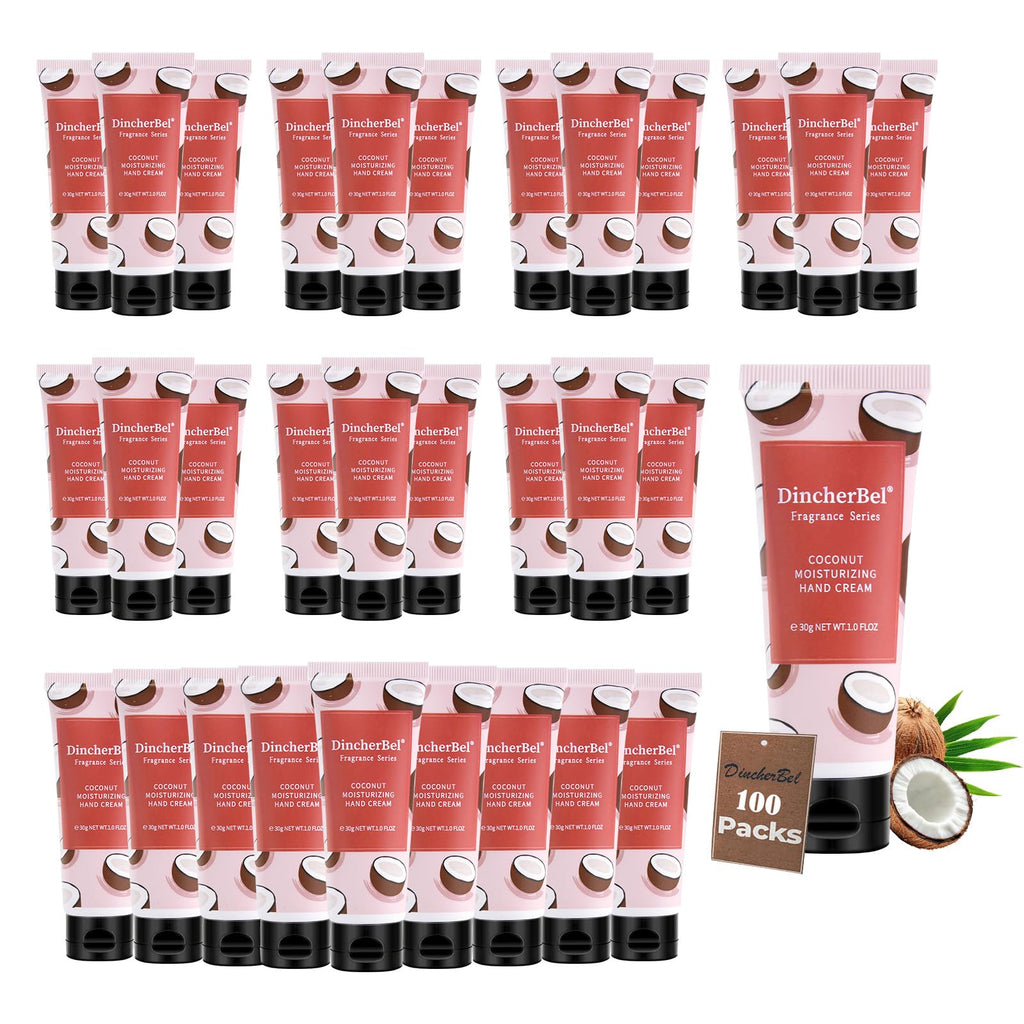 DincherBel Coconut Hand Cream 100-Pack Bulk – Travel-Size, Non-Greasy Hydration