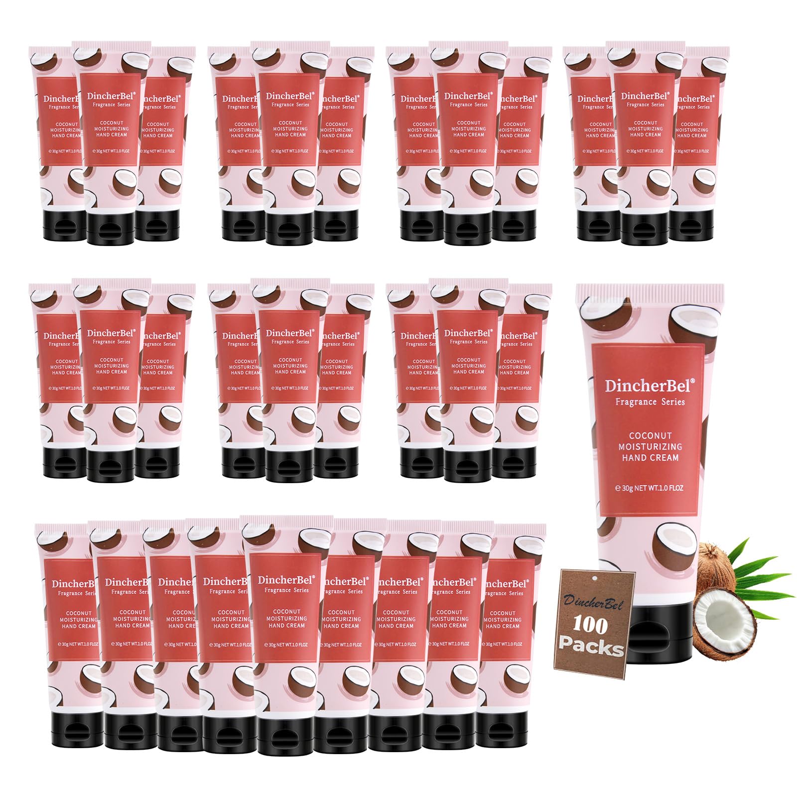 DincherBel Coconut Hand Cream 100-Pack Bulk – Travel-Size, Non-Greasy Hydration