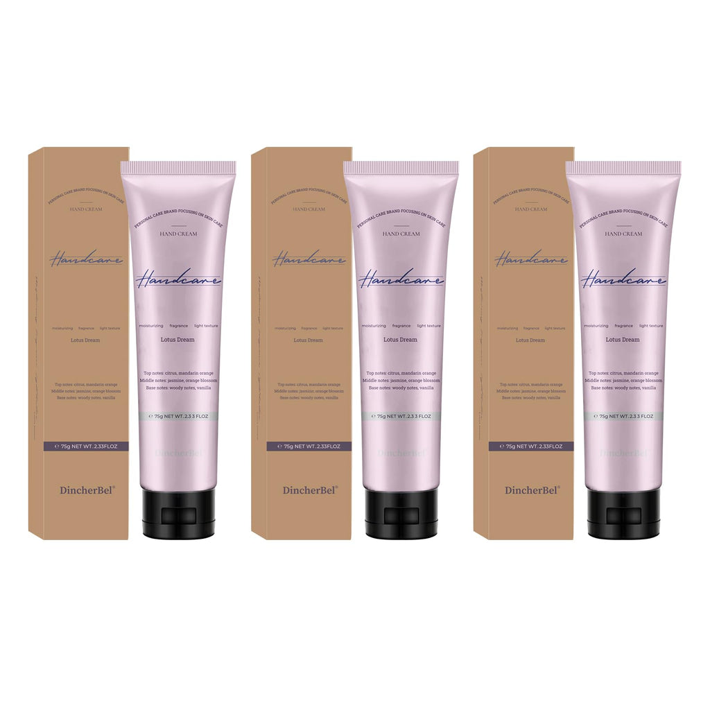 DincherBel Lotus Dream Hand Cream Gift Set – 3×75ml Travel-Size Tubes for Dry Hands