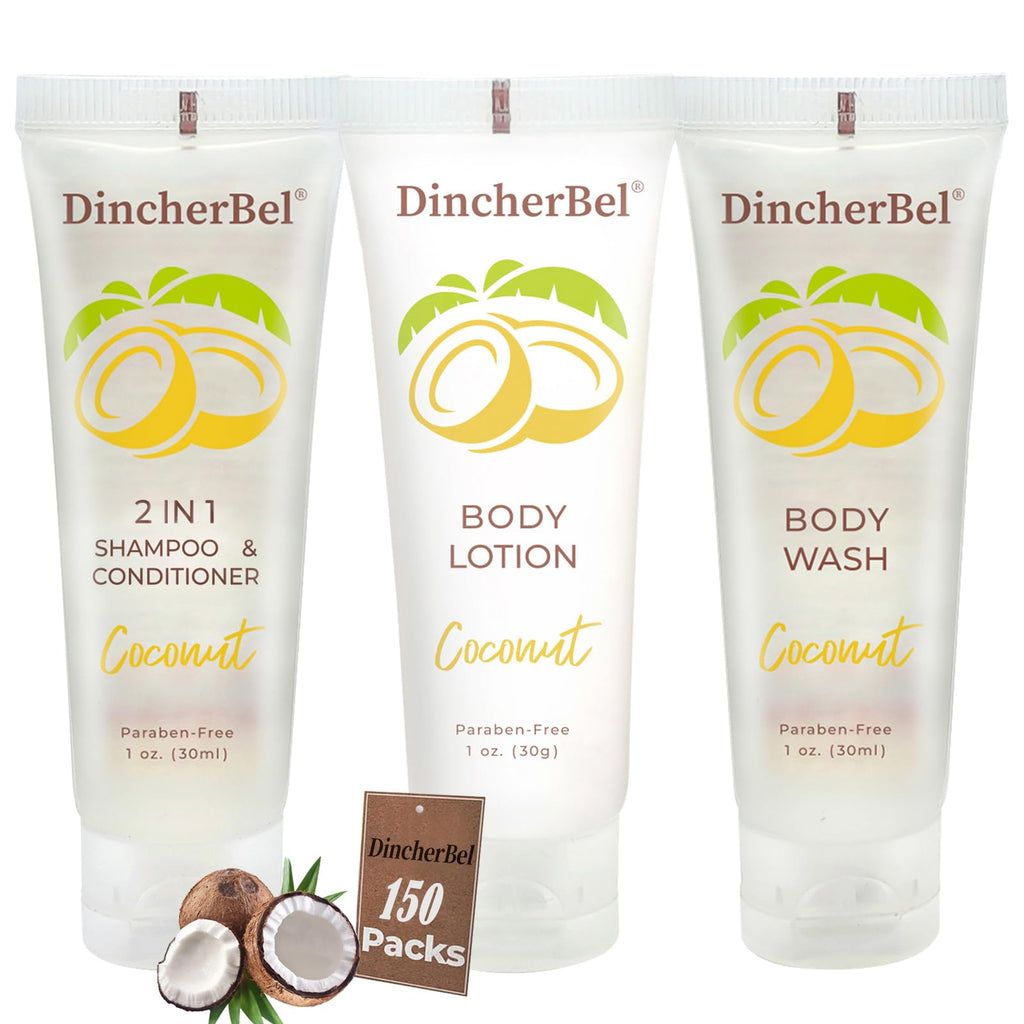 DincherBel Travel Size Toiletries Kits – Coconut 1oz, Bulk Hotel Guest Sets (50x Shampoo/Conditioner 2-in-1, 50x Body Wash, 50x Body Lotion)
