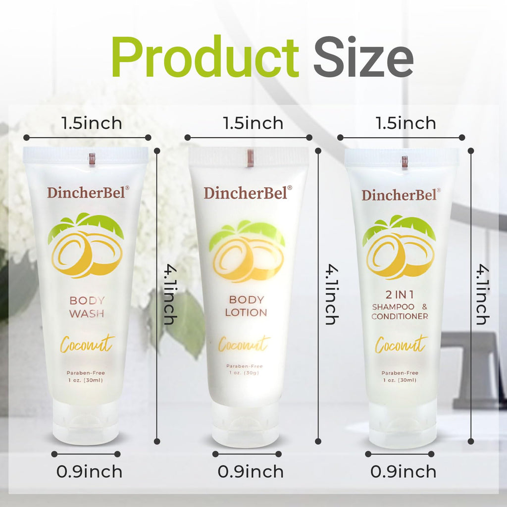 DincherBel Travel Size Toiletries Kits – Coconut 1oz, Bulk Hotel Guest Sets (50x Shampoo/Conditioner 2-in-1, 50x Body Wash, 50x Body Lotion)
