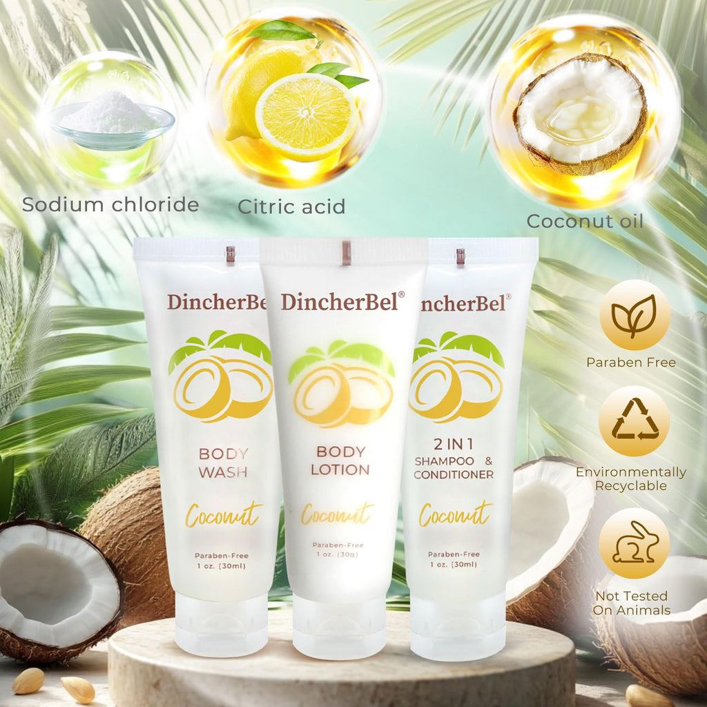 DincherBel Travel Size Toiletries Kits – Coconut 1oz, Bulk Hotel Guest Sets (50x Shampoo/Conditioner 2-in-1, 50x Body Wash, 50x Body Lotion)
