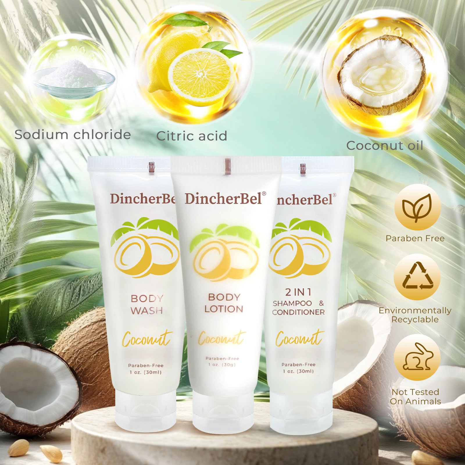 DincherBel Travel Size Toiletries Kits – Coconut 1oz, Bulk Hotel Guest Sets (50x Shampoo/Conditioner 2-in-1, 50x Body Wash, 50x Body Lotion)