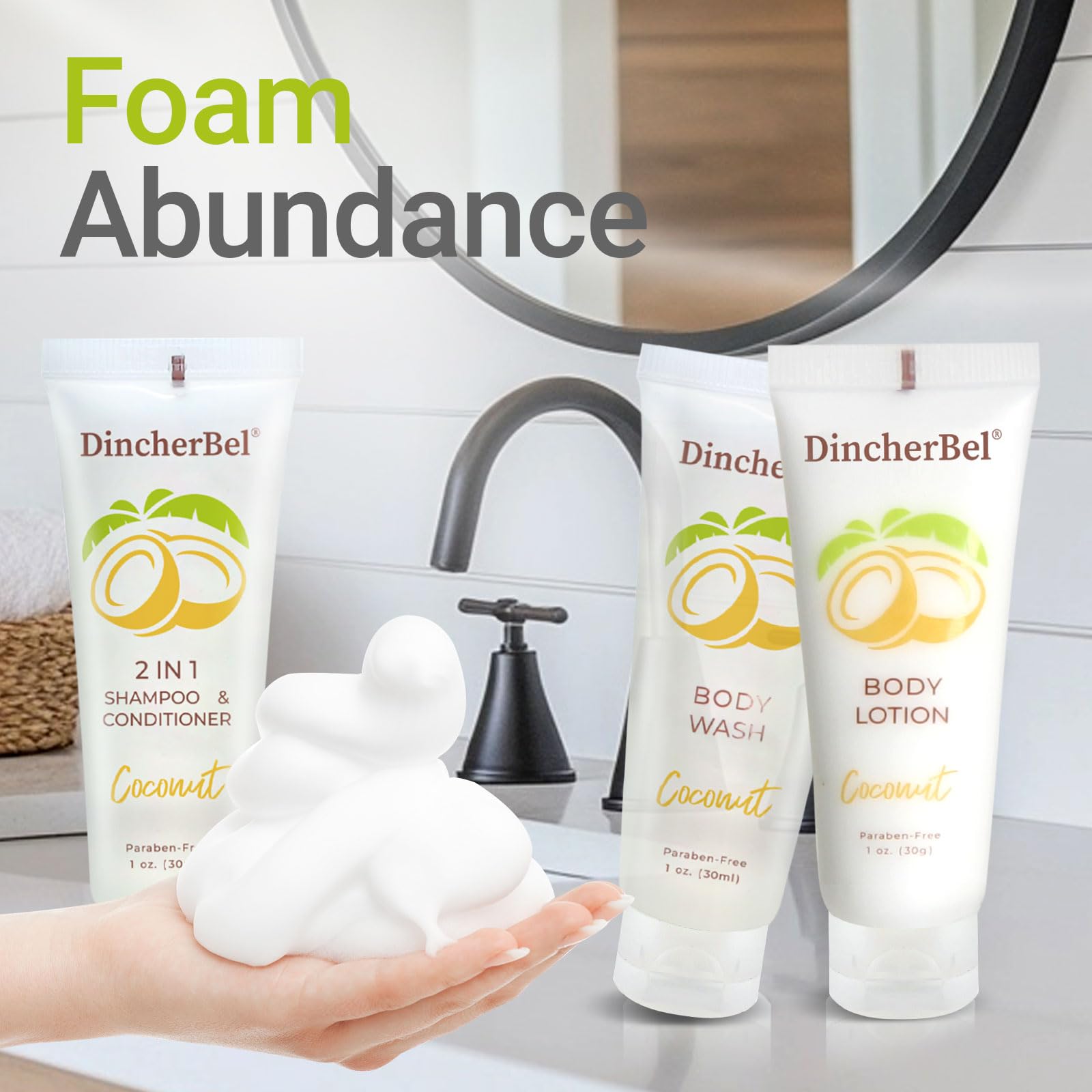 DincherBel Travel Size Toiletries Kits – Coconut 1oz, Bulk Hotel Guest Sets (50x Shampoo/Conditioner 2-in-1, 50x Body Wash, 50x Body Lotion)