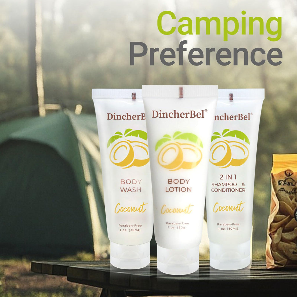 DincherBel Travel Size Toiletries Kits – Coconut 1oz, Bulk Hotel Guest Sets (50x Shampoo/Conditioner 2-in-1, 50x Body Wash, 50x Body Lotion)