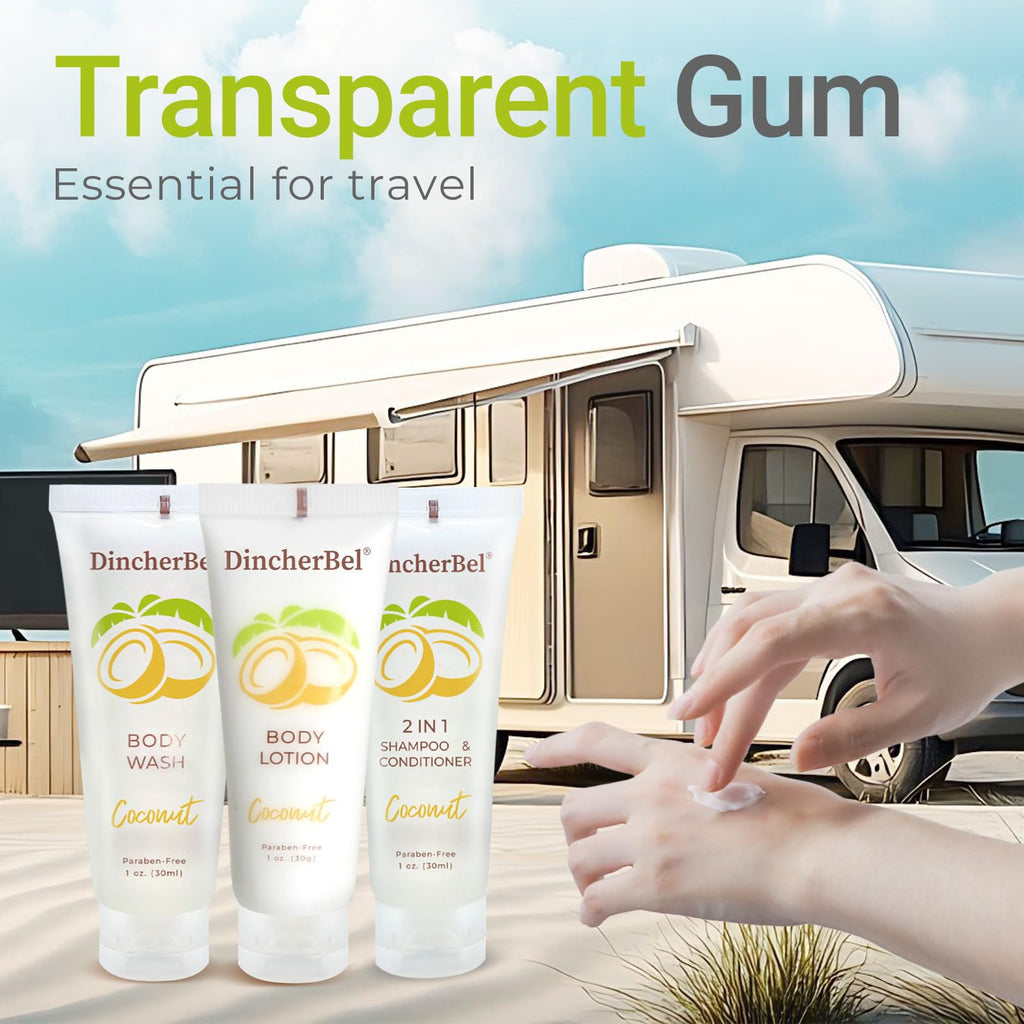 DincherBel Travel Size Toiletries Kits – Coconut 1oz, Bulk Hotel Guest Sets (50x Shampoo/Conditioner 2-in-1, 50x Body Wash, 50x Body Lotion)