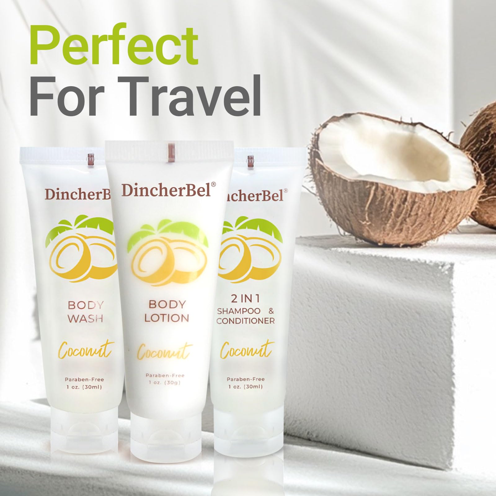DincherBel Travel Size Toiletries Kits – Coconut 1oz, Bulk Hotel Guest Sets (50x Shampoo/Conditioner 2-in-1, 50x Body Wash, 50x Body Lotion)