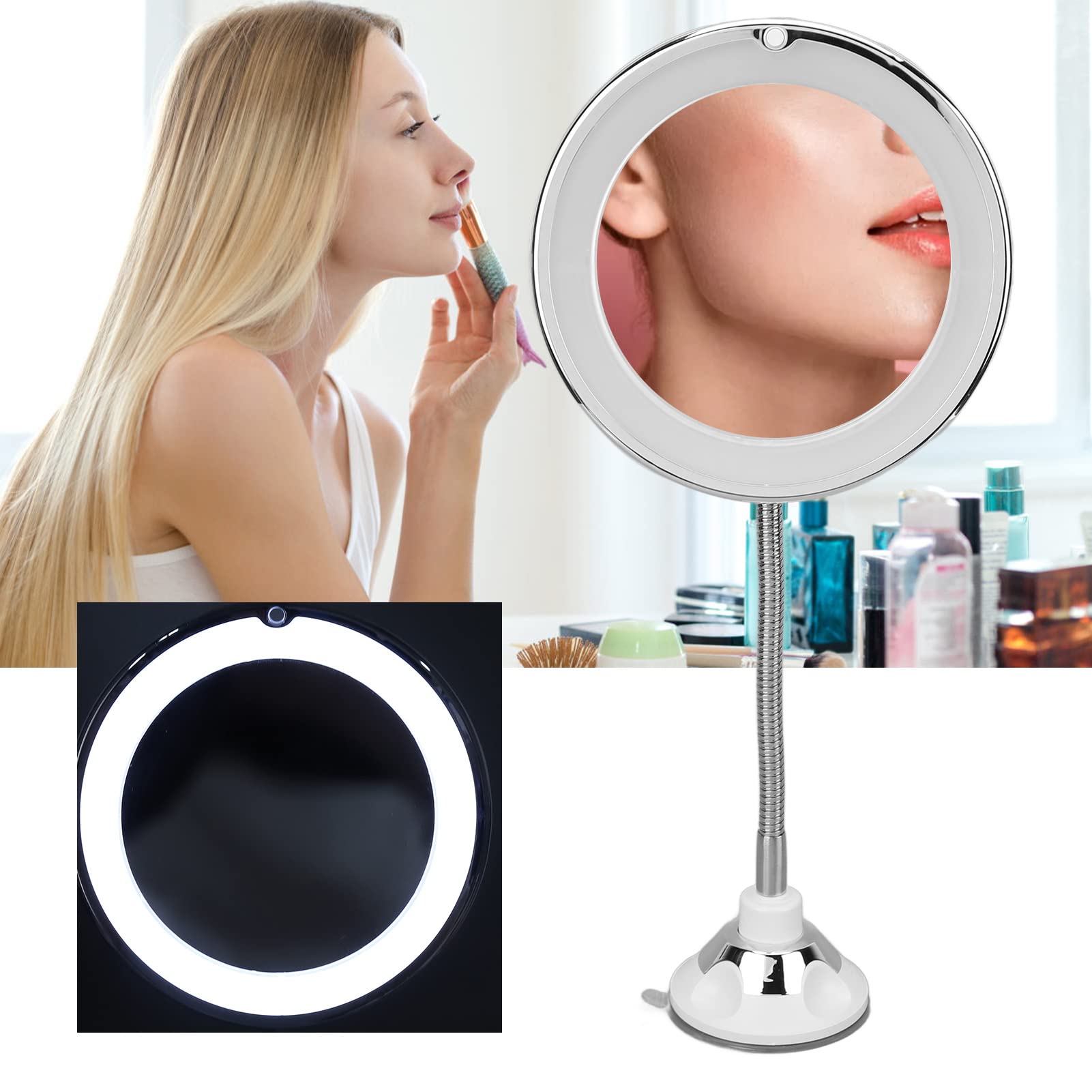 Dioche 10X Magnifying Makeup Mirror with LED Light – Portable, Suction Cup & 360° Gooseneck
