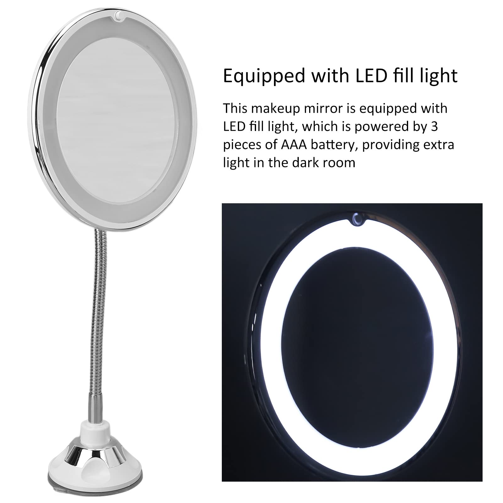 Dioche 10X Magnifying Makeup Mirror with LED Light – Portable, Suction Cup & 360° Gooseneck