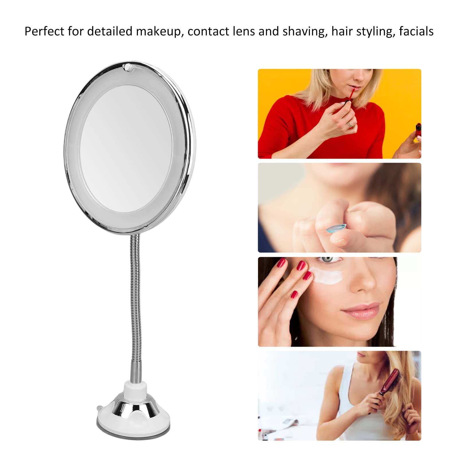 Dioche 10X Magnifying Makeup Mirror with LED Light – Portable, Suction Cup & 360° Gooseneck