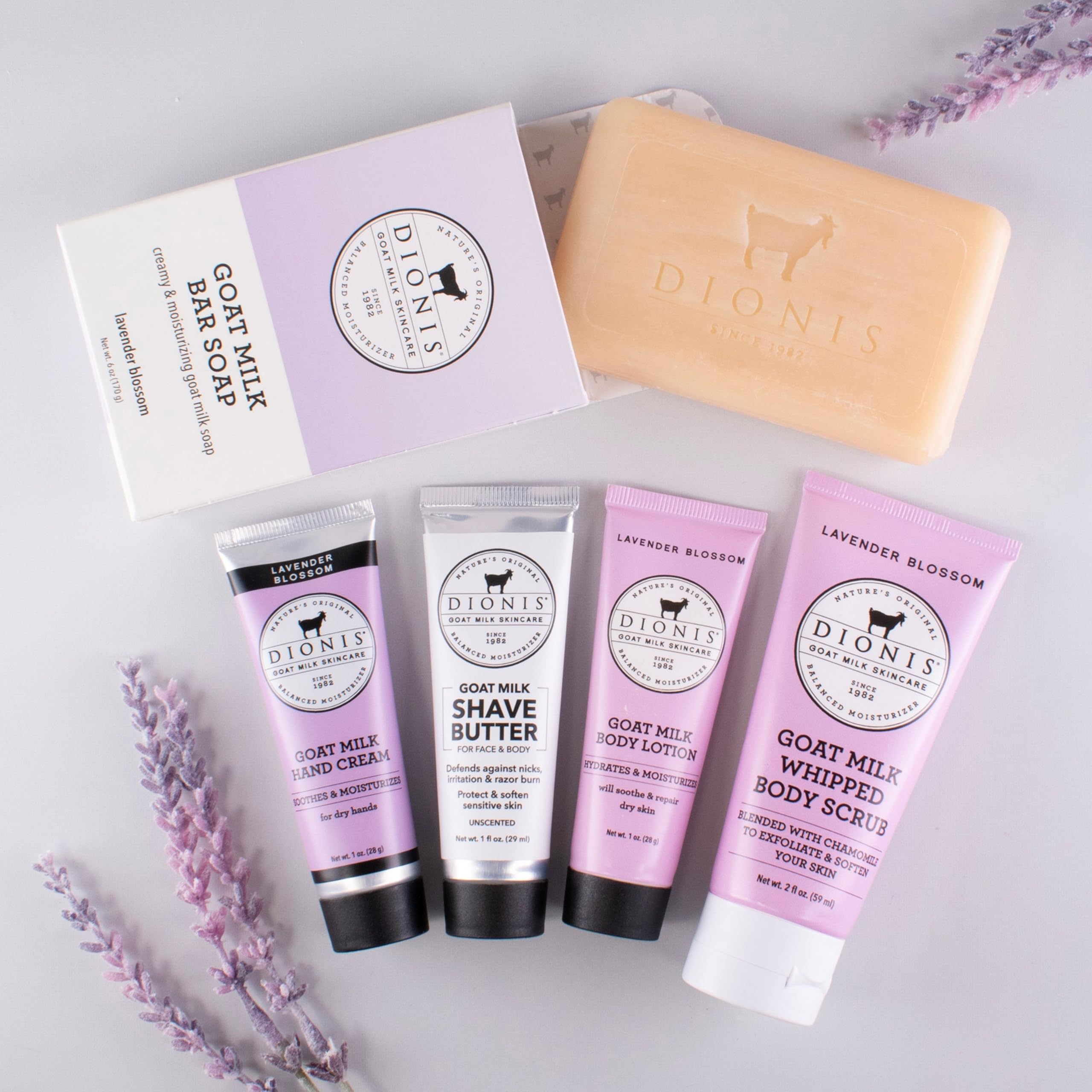 Dionis Lavender Blossom Goat Milk Travel Set – 6 Pc Self-Care Essentials
