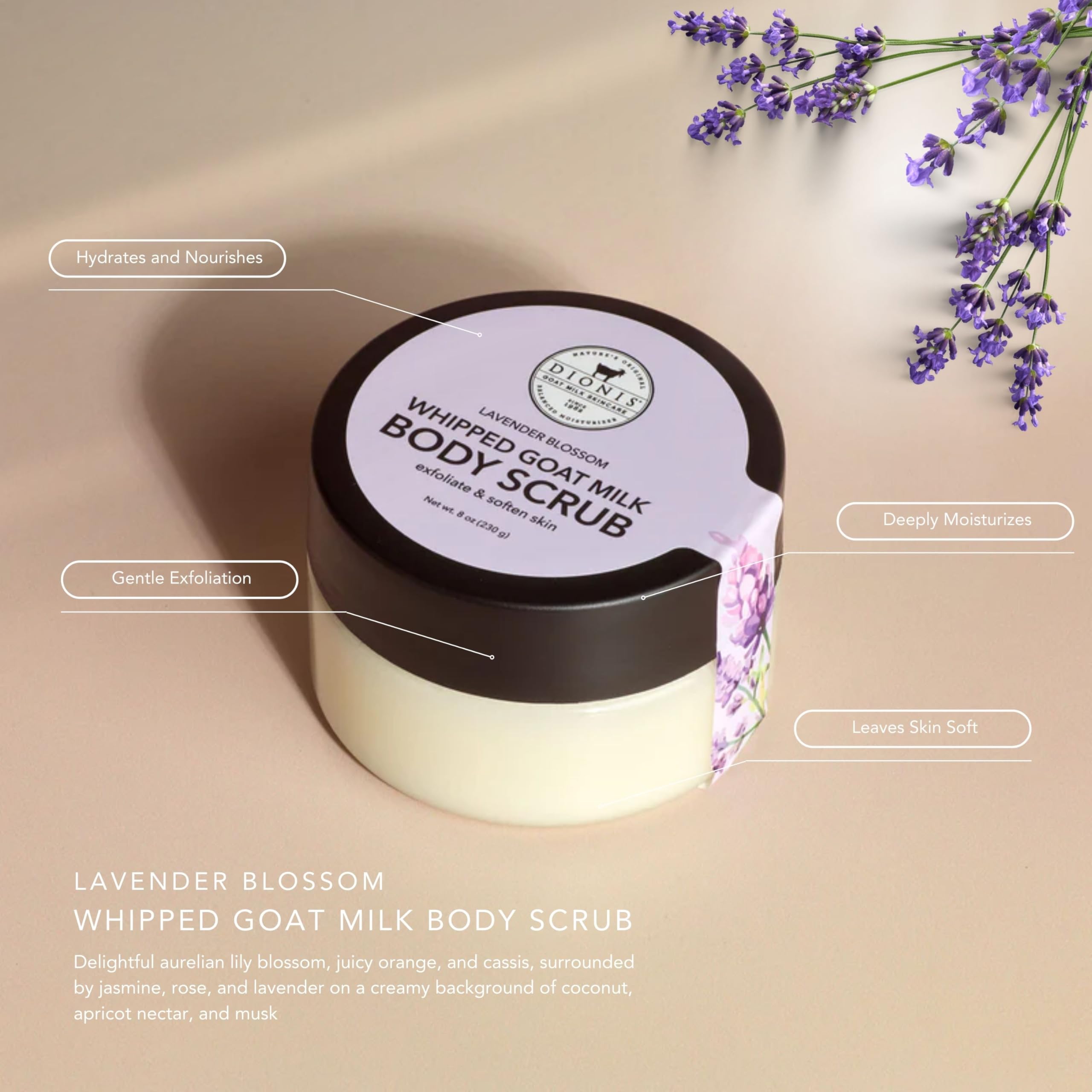 Dionis Goat Milk Whipped Body Scrub Lavender Blossom 8oz | Hydrating Gentle Exfoliation