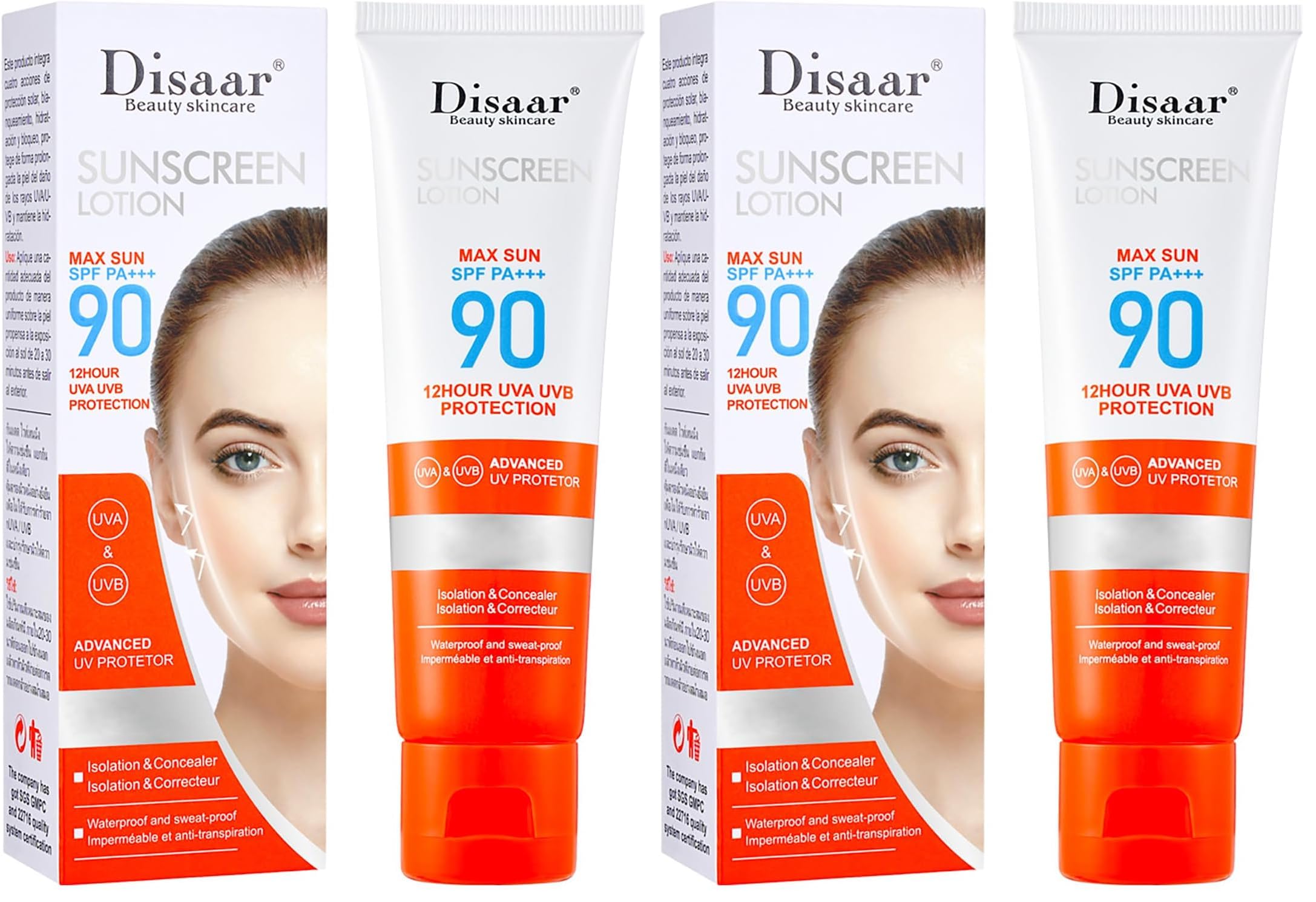 DISAAR Beauty Sunscreen Lotion SPF 90 PA+++ Waterproof Sweatproof 50ml (1.69 fl oz) Pack of 2