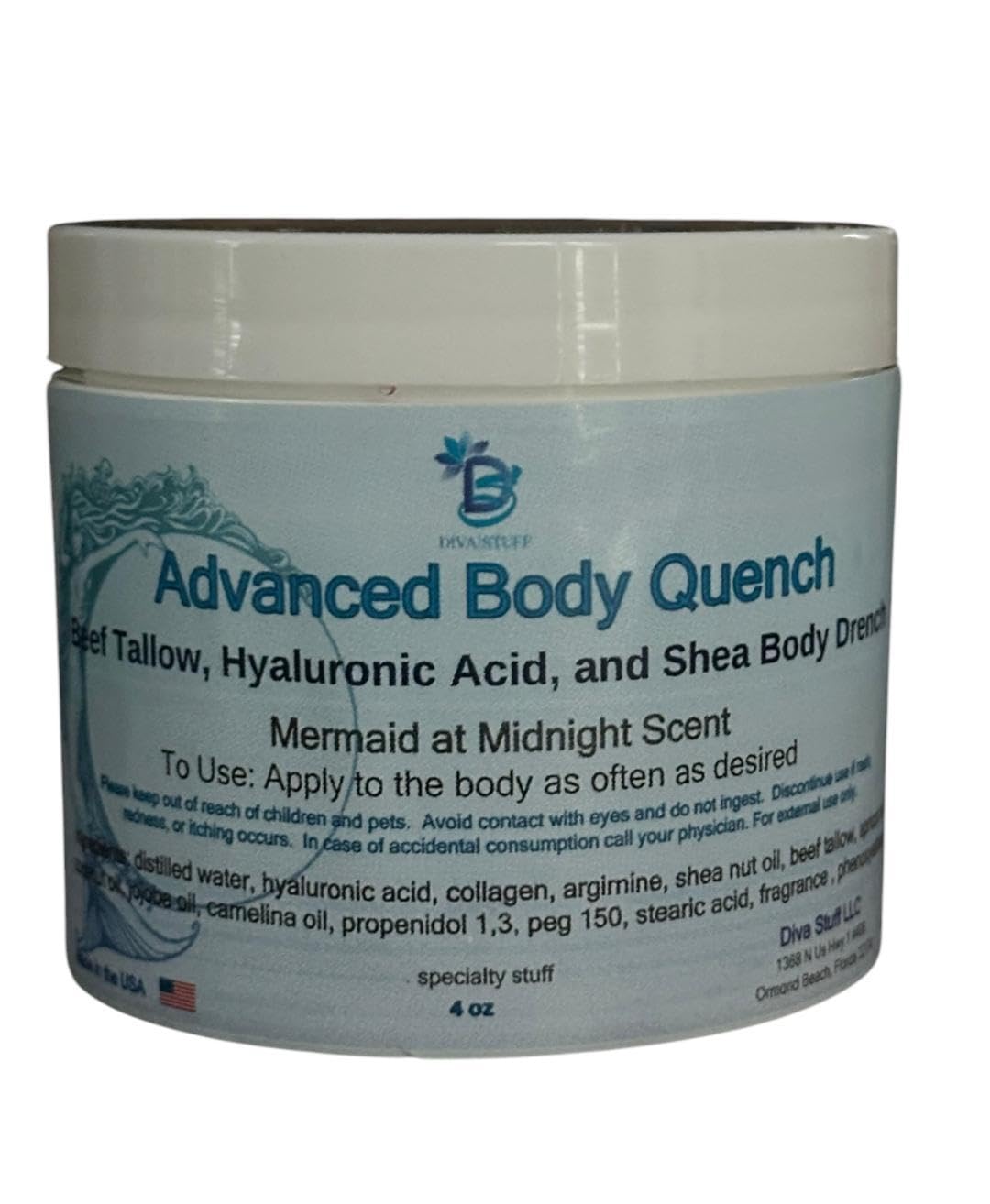 Diva Stuff Advanced Body Quench – Mermaid at Midnight Scent, Hyaluronic Acid & Beef Tallow, 4 oz