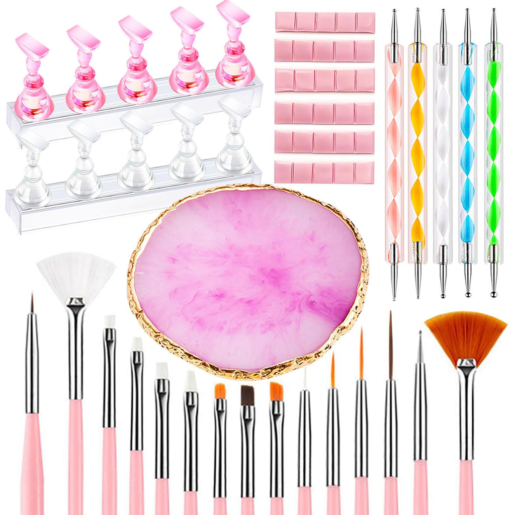 DIYCICO Nail Art Tools 24Pcs Set – 2 Nail Stands, Brushes, Palette & Dotting Pens