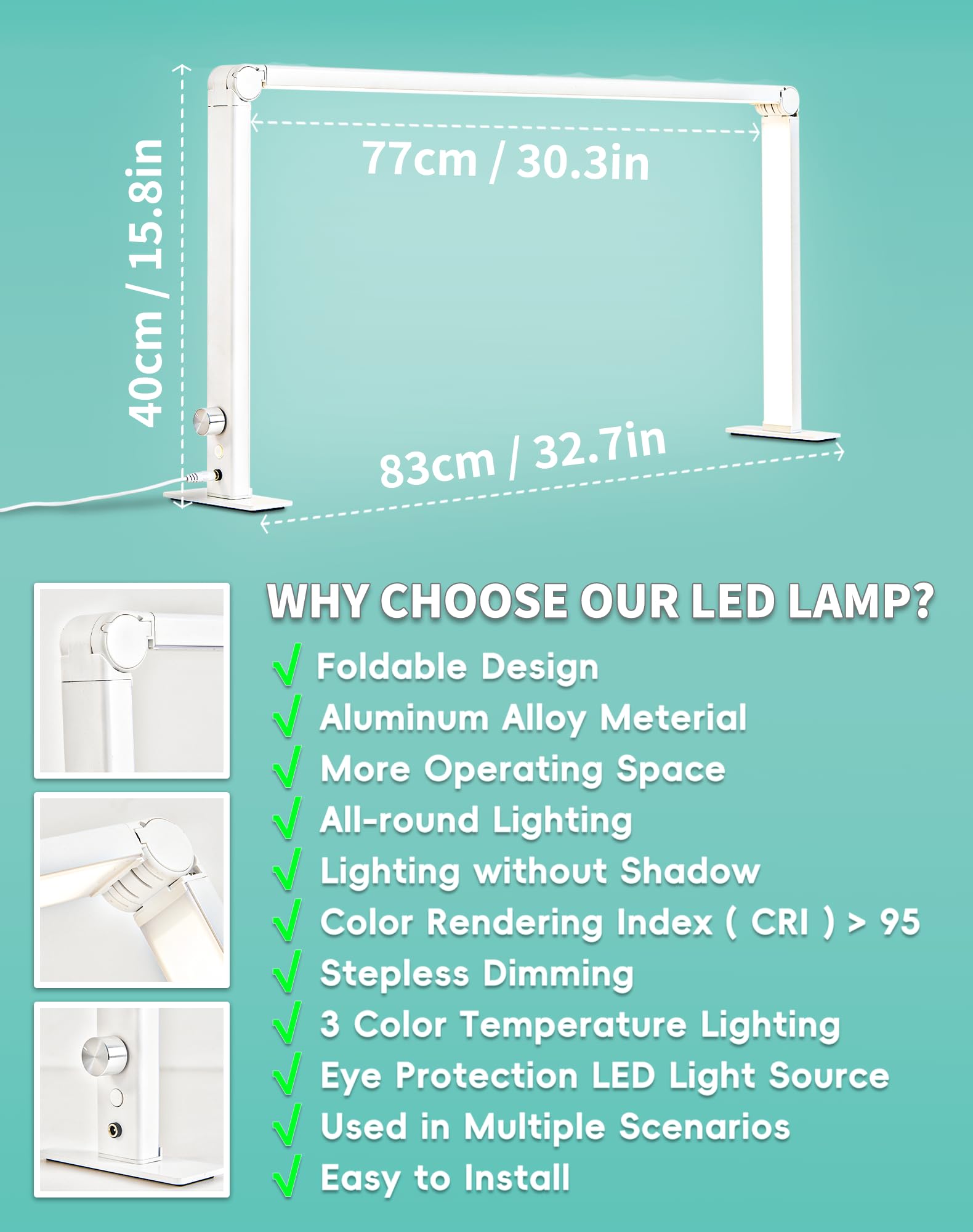 DLITISH Foldable Nail Desk Lamp — 48W LED, 33in, 3 Modes 3000–6000K, Shadow-Free