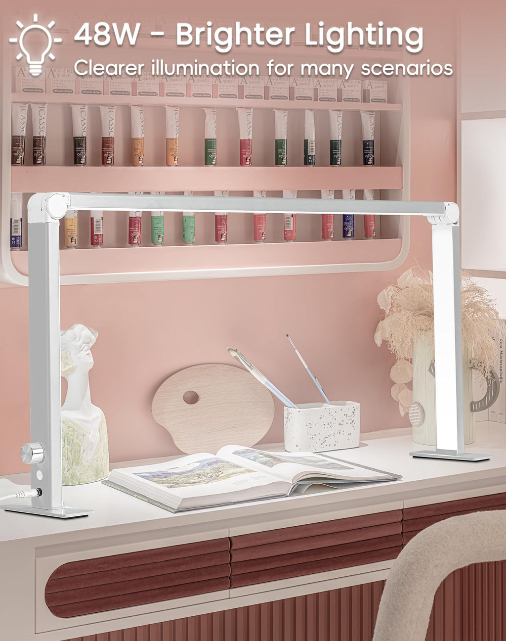 DLITISH Foldable Nail Desk Lamp 48W – 33in Square LED Table Light, 3 Modes, 3000–6000K, Silver