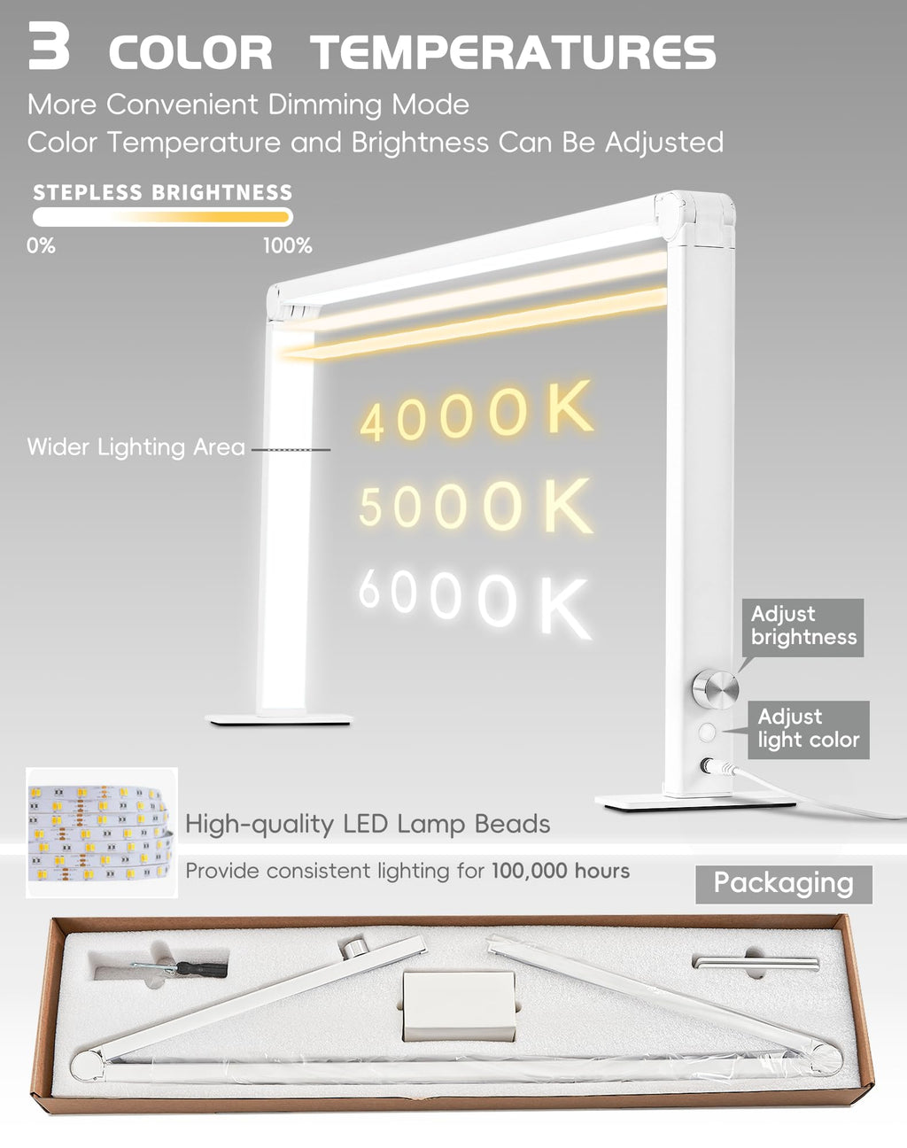 DLITISH Foldable Nail Desk Lamp — 48W LED, 33in, 3 Modes 3000–6000K, Shadow-Free