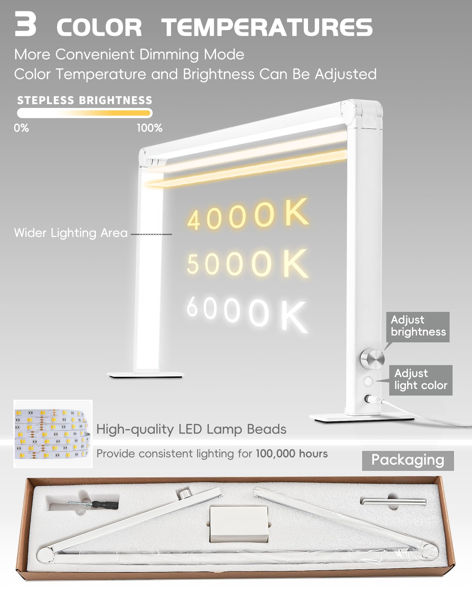DLITISH Foldable Nail Desk Lamp — 48W LED, 33in, 3 Modes 3000–6000K, Shadow-Free