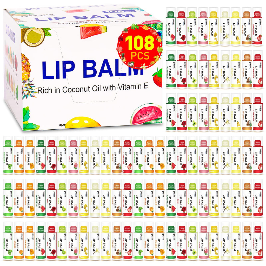 DMSKY 108-Pack Lip Balm – 12 Flavors with Vitamin E & Coconut Oil
