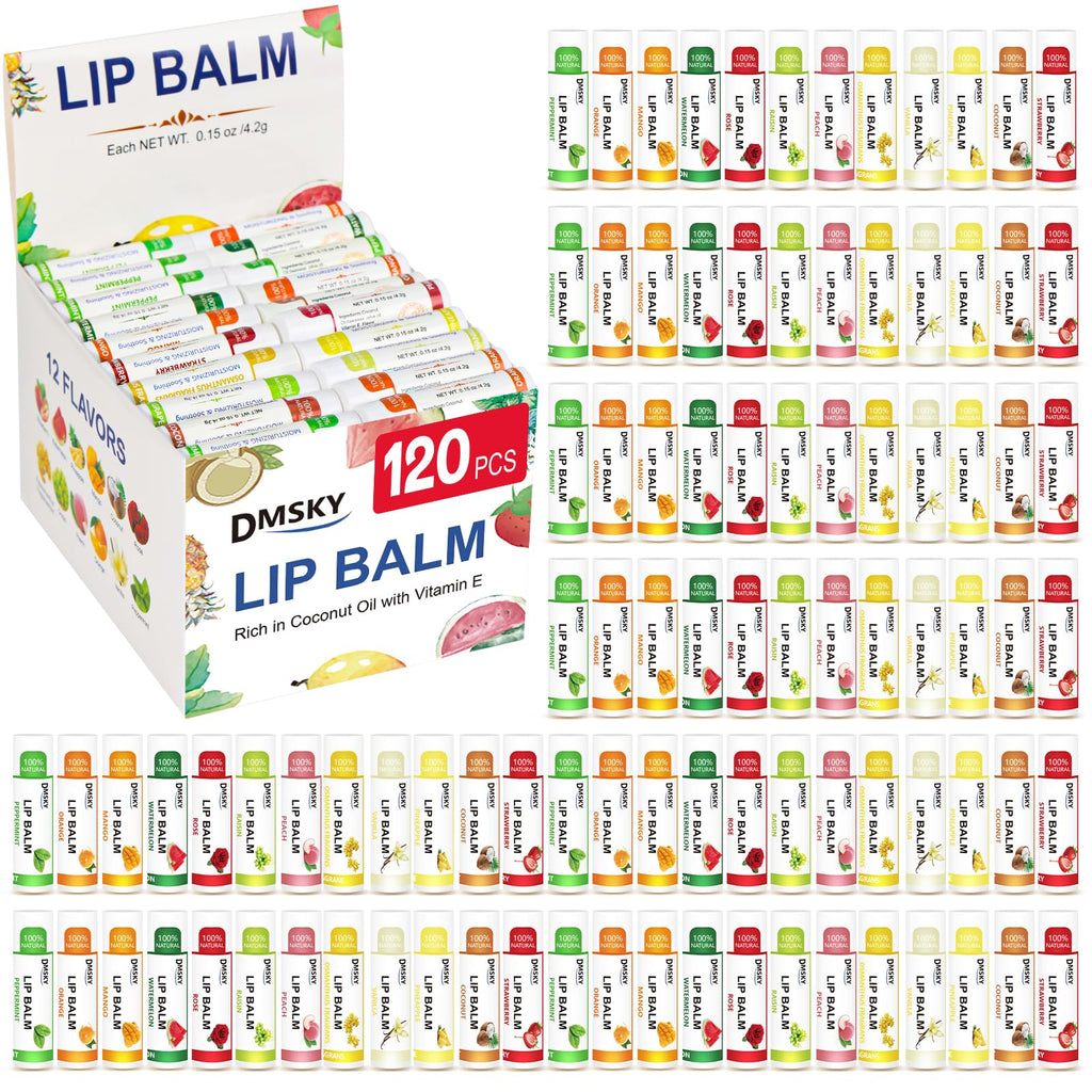DMSKY 120 Pack Lip Balm – Natural Lip Balms with Vitamin E & Coconut Oil (12 Flavors)