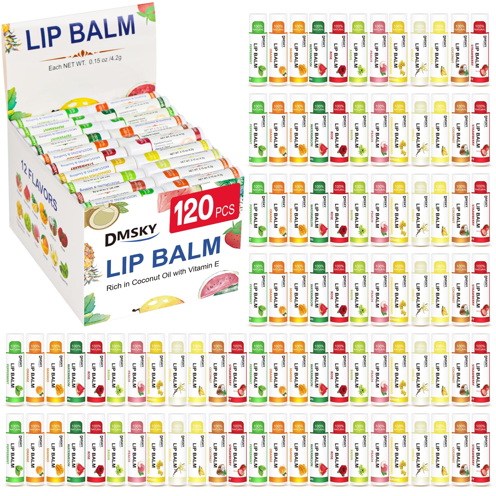 DMSKY 120 Pack Lip Balm – Natural Lip Balms with Vitamin E & Coconut Oil (12 Flavors)