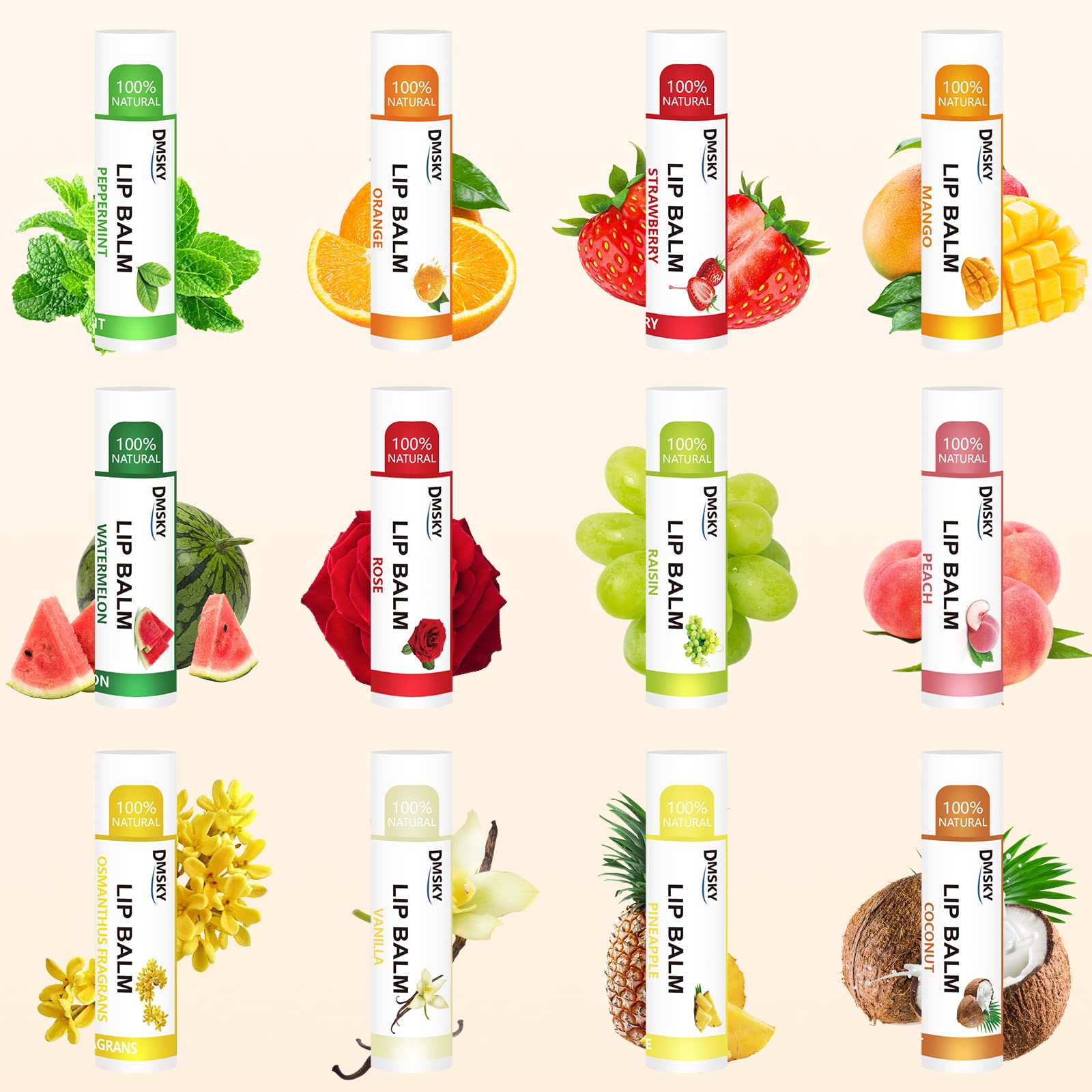 DMSKY 120 Pack Lip Balm – Natural Lip Balms with Vitamin E & Coconut Oil (12 Flavors)