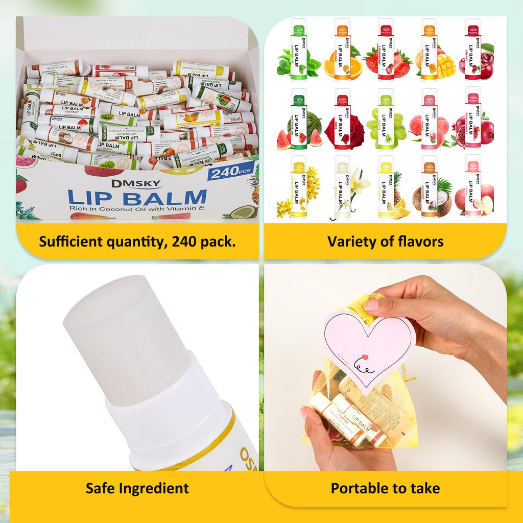 DMSKY 240 Pack Lip Balm – 15 Flavors, Vitamin E & Coconut Oil | Bulk Lip Balms