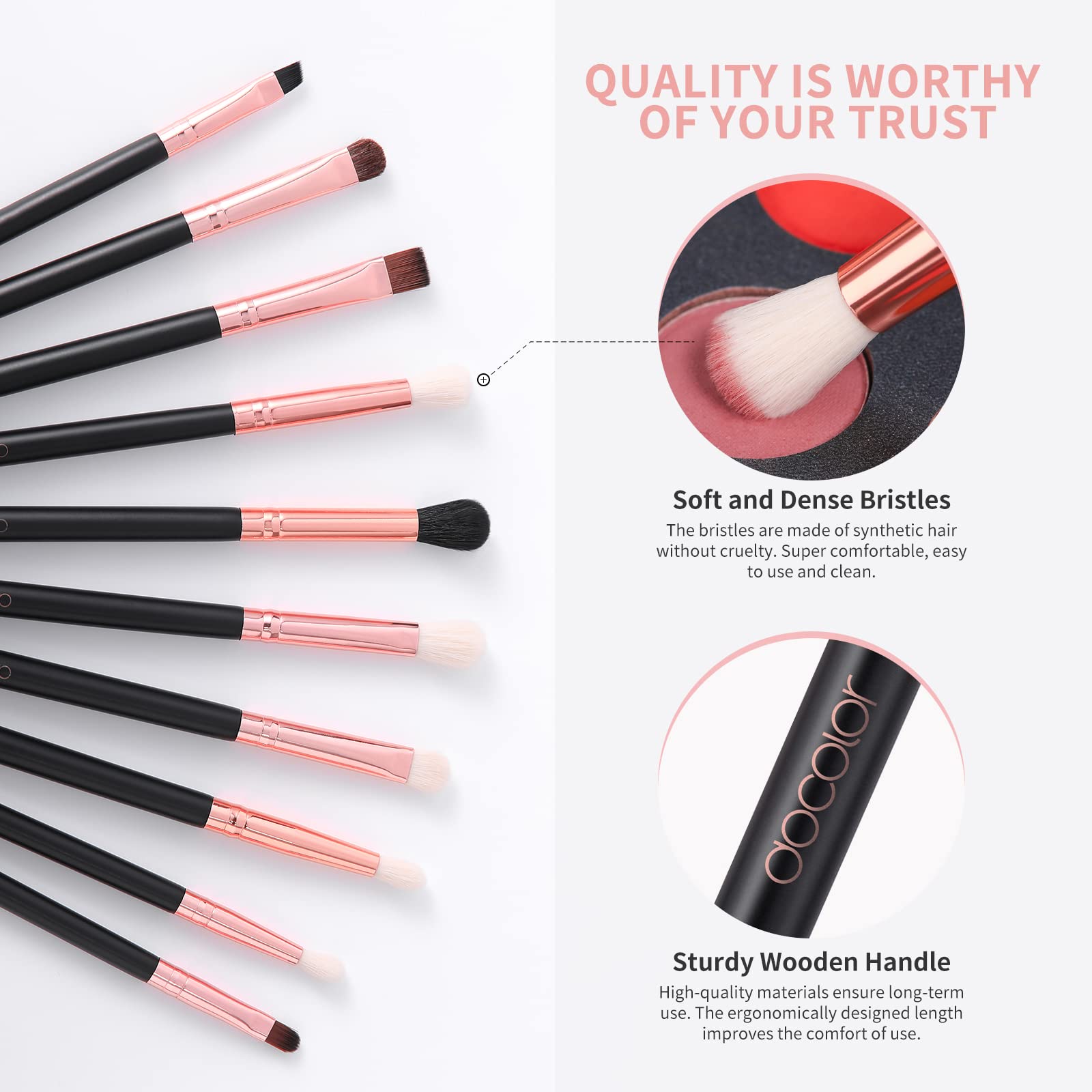 Docolor 10-Piece Eyeshadow Brush Set – Rose Gold & Black, Wooden Handles | Pro Eye Makeup Kit