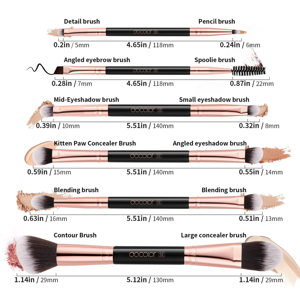 Docolor 6Pcs Double-Sided Makeup Brushes | Dual-Ended Eye & Brow Set