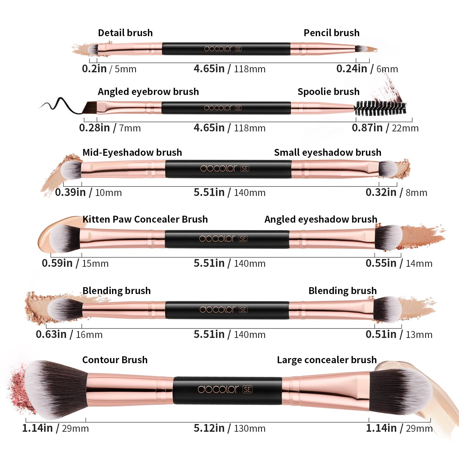 Docolor 6Pcs Double-Sided Makeup Brushes | Dual-Ended Eye & Brow Set