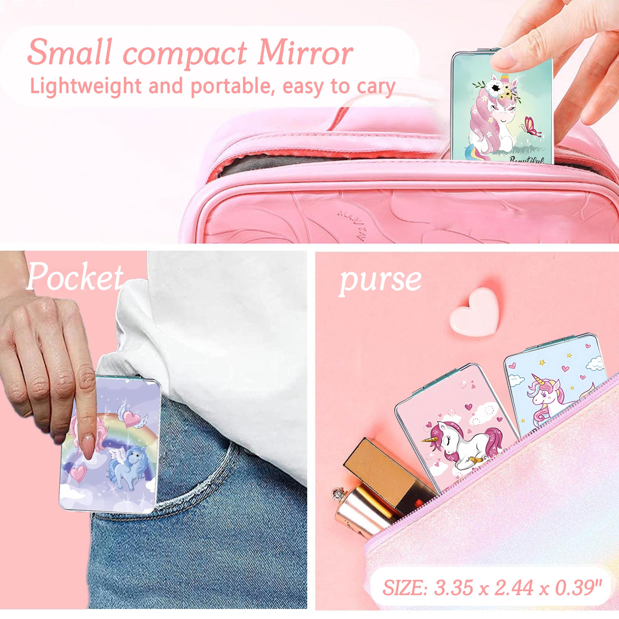 DOOSAI Unicorn 4-Pcs Pocket Mirror Kit – Cute Travel Mirrors with 1X/2X Magnification