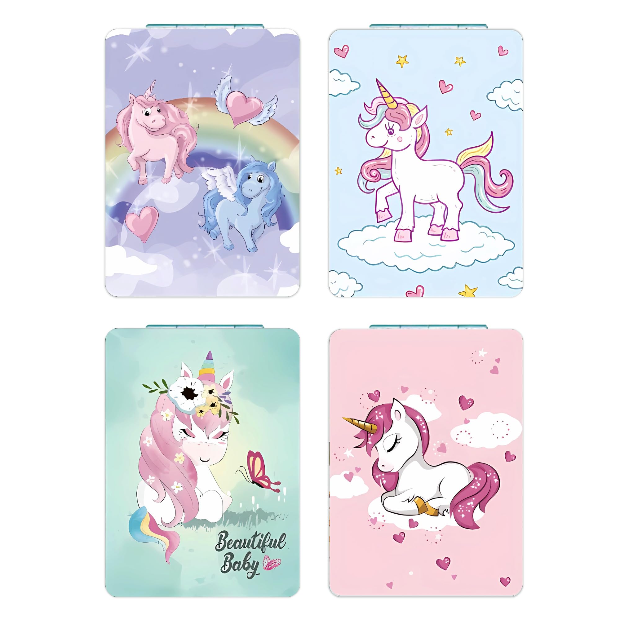 DOOSAI Unicorn 4-Pcs Pocket Mirror Kit – Cute Travel Mirrors with 1X/2X Magnification