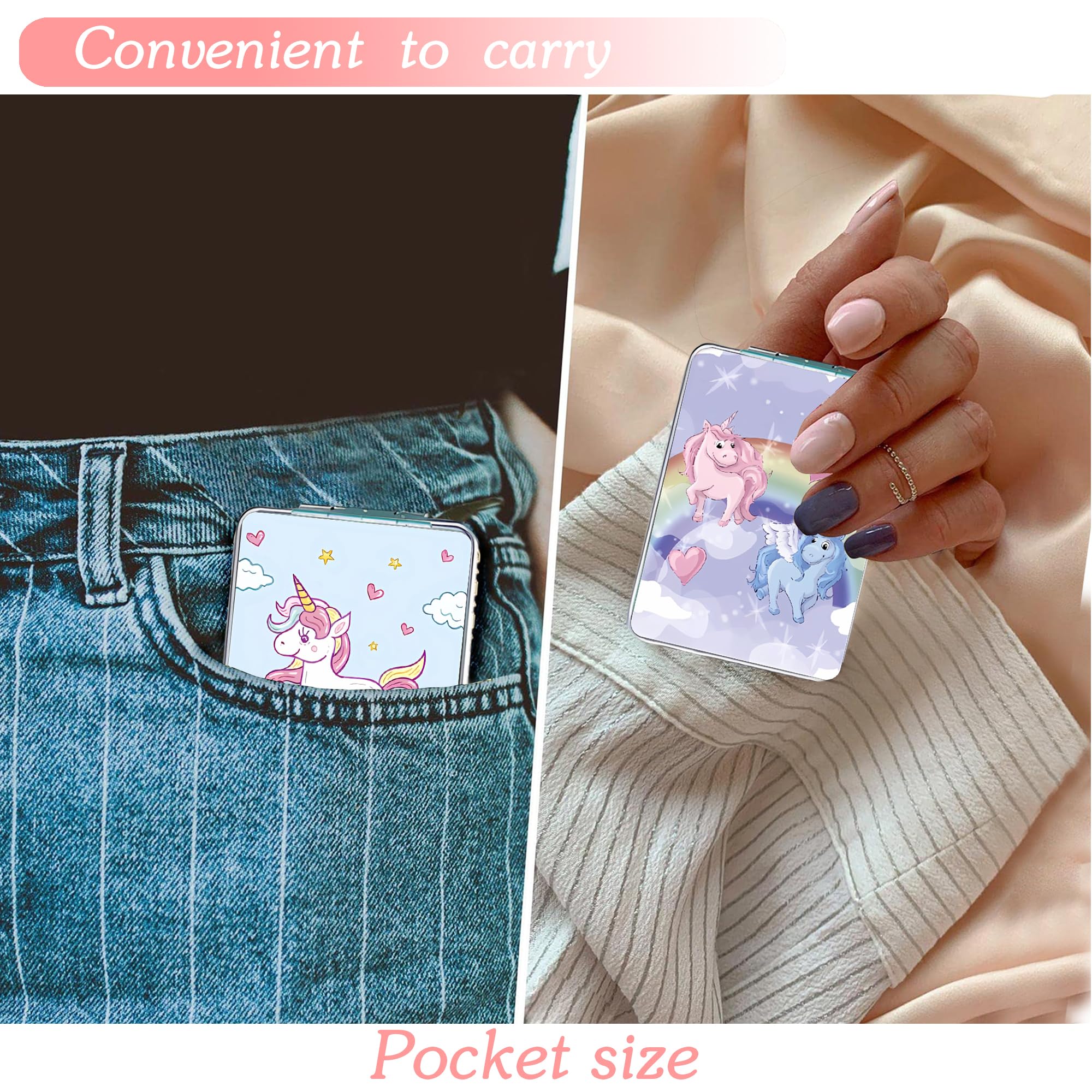 DOOSAI Unicorn 4-Pcs Pocket Mirror Kit – Cute Travel Mirrors with 1X/2X Magnification