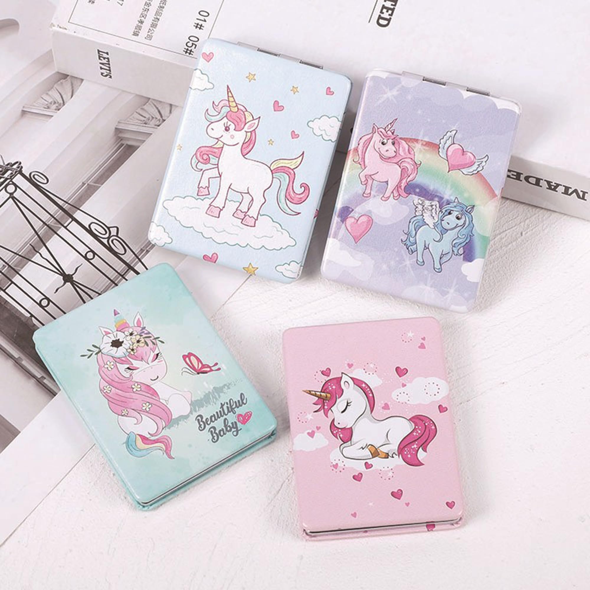 DOOSAI Unicorn 4-Pcs Pocket Mirror Kit – Cute Travel Mirrors with 1X/2X Magnification
