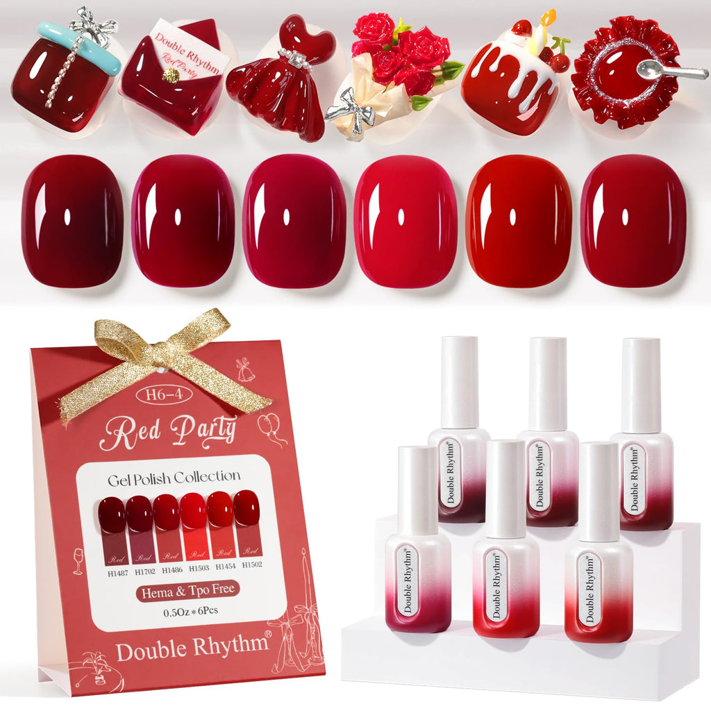 Double Rhythm 6-Piece HEMA-Free Gel Polish Set – 0.50 oz Each, Same Color in Same Bottle, Soak-Off, Neutral Milky Shimmer (Cherry Red Burgundy, H6-4)