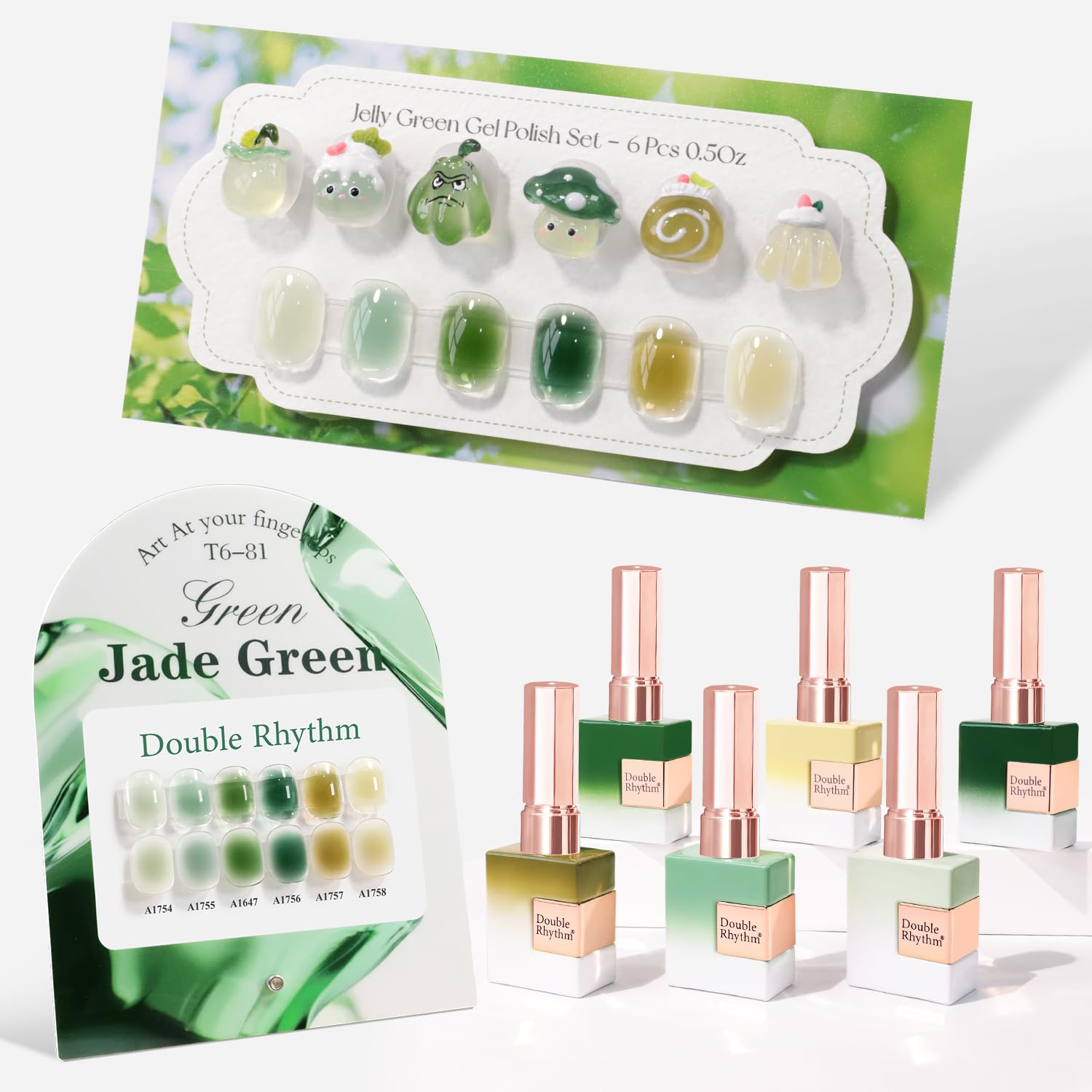 Double Rhythm 6Pcs 15ml Gel Polish Set – Same Color, Soak-Off Jelly Milky Green Olive Teal T6-81