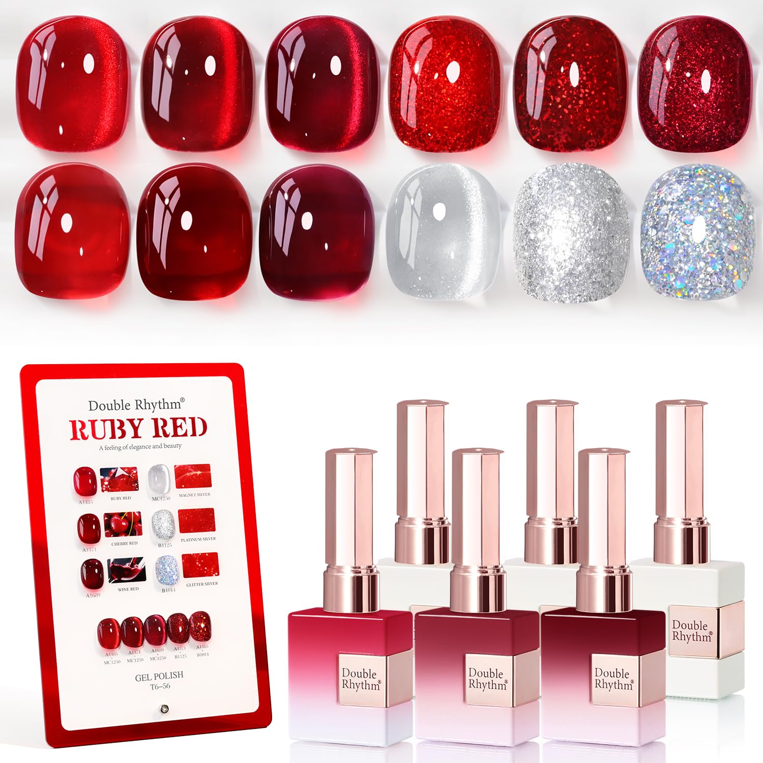 Double Rhythm 6 Pcs 15ml Gel Polish Set – Jelly Burgundy Red & Silver Glitter
