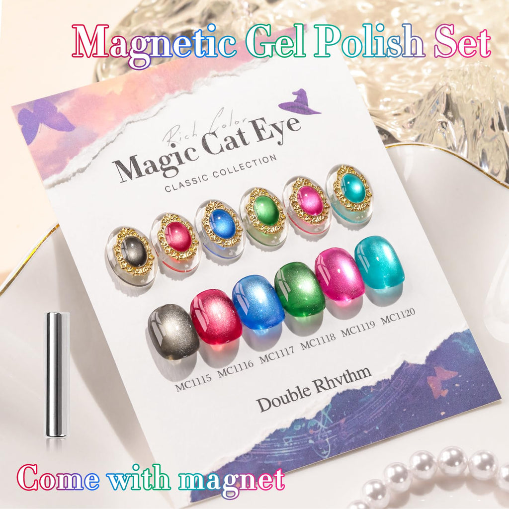 Double Rhythm Cat Eye Gel Nail Polish Set – 6 Same-Color 0.5 oz Bottles with Magnetic Holographic Shine