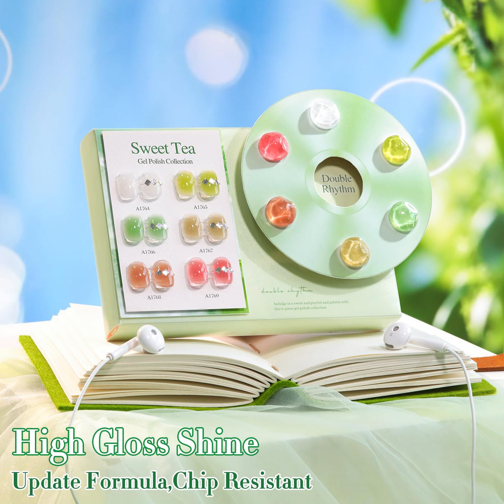 Double Rhythm 6 Pcs 15ml Gel Polish Set – Jelly White, Mint Green, Olive, Tea Brown, Rose, Red | Soak-Off Kit