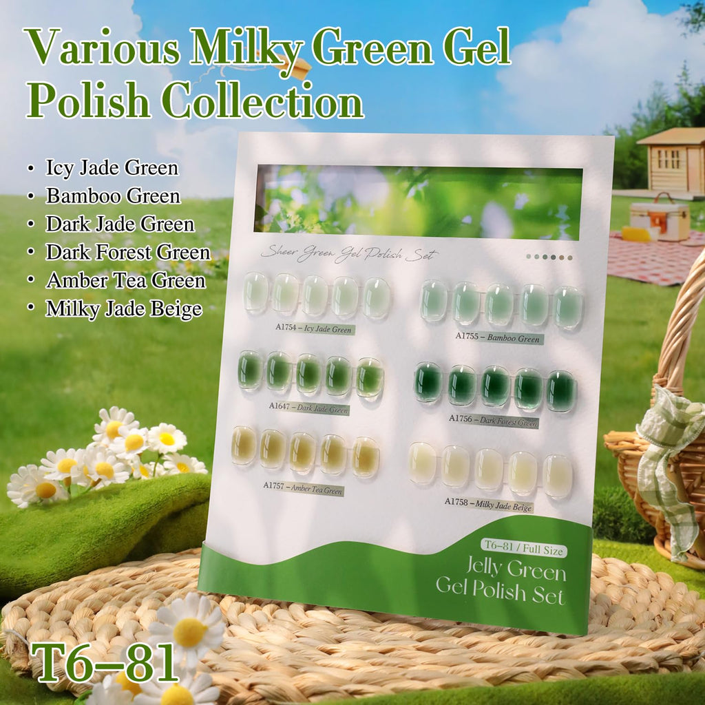 Double Rhythm 6Pcs 15ml Gel Polish Set – Same Color, Soak-Off Jelly Milky Green Olive Teal T6-81