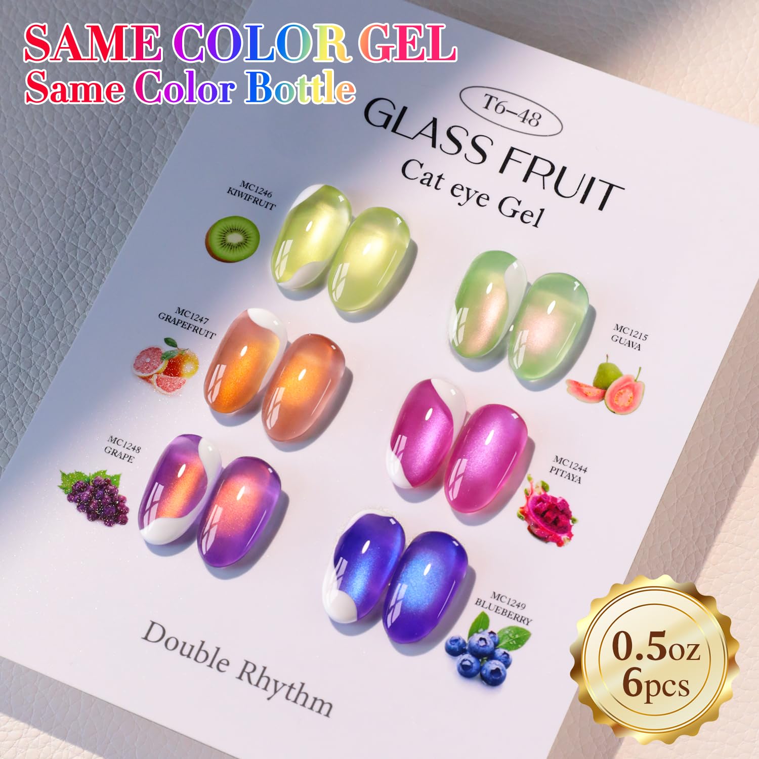 Double Rhythm Fruit Cat Eye Gel Polish Kit – 6x 0.5oz Magnetic Shimmer UV Polish (Glass Rose Pink Green-T6-48)