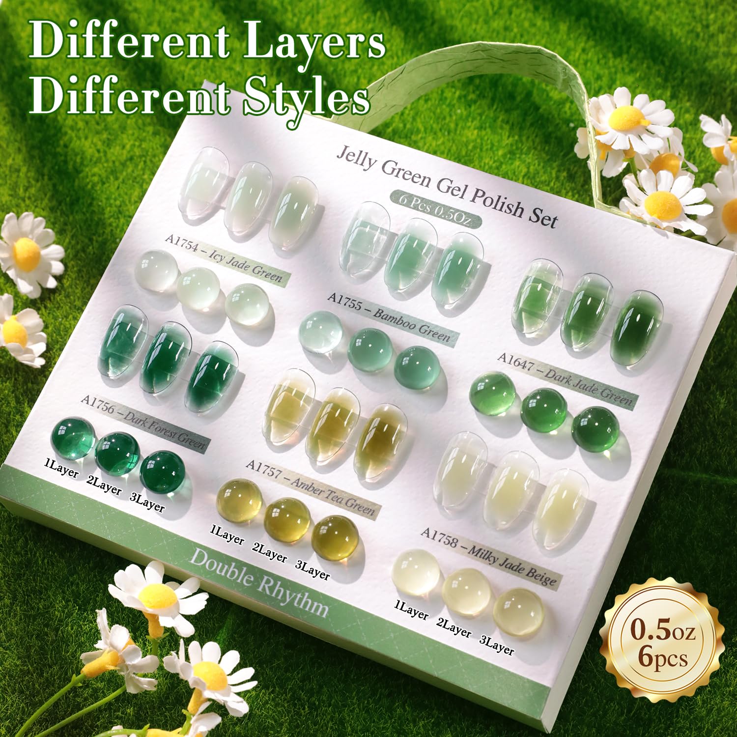 Double Rhythm 6Pcs 15ml Gel Polish Set – Same Color, Soak-Off Jelly Milky Green Olive Teal T6-81