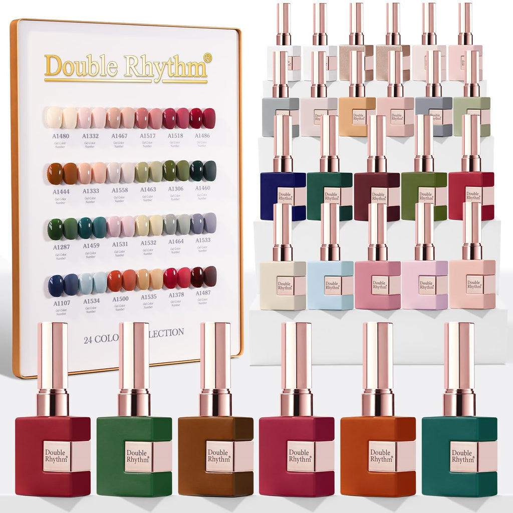 Double Rhythm 28Pcs Gel Nail Polish Set – Burgundy & Green Collection, Soak-Off Gel Polish Kit for At-Home Manicures